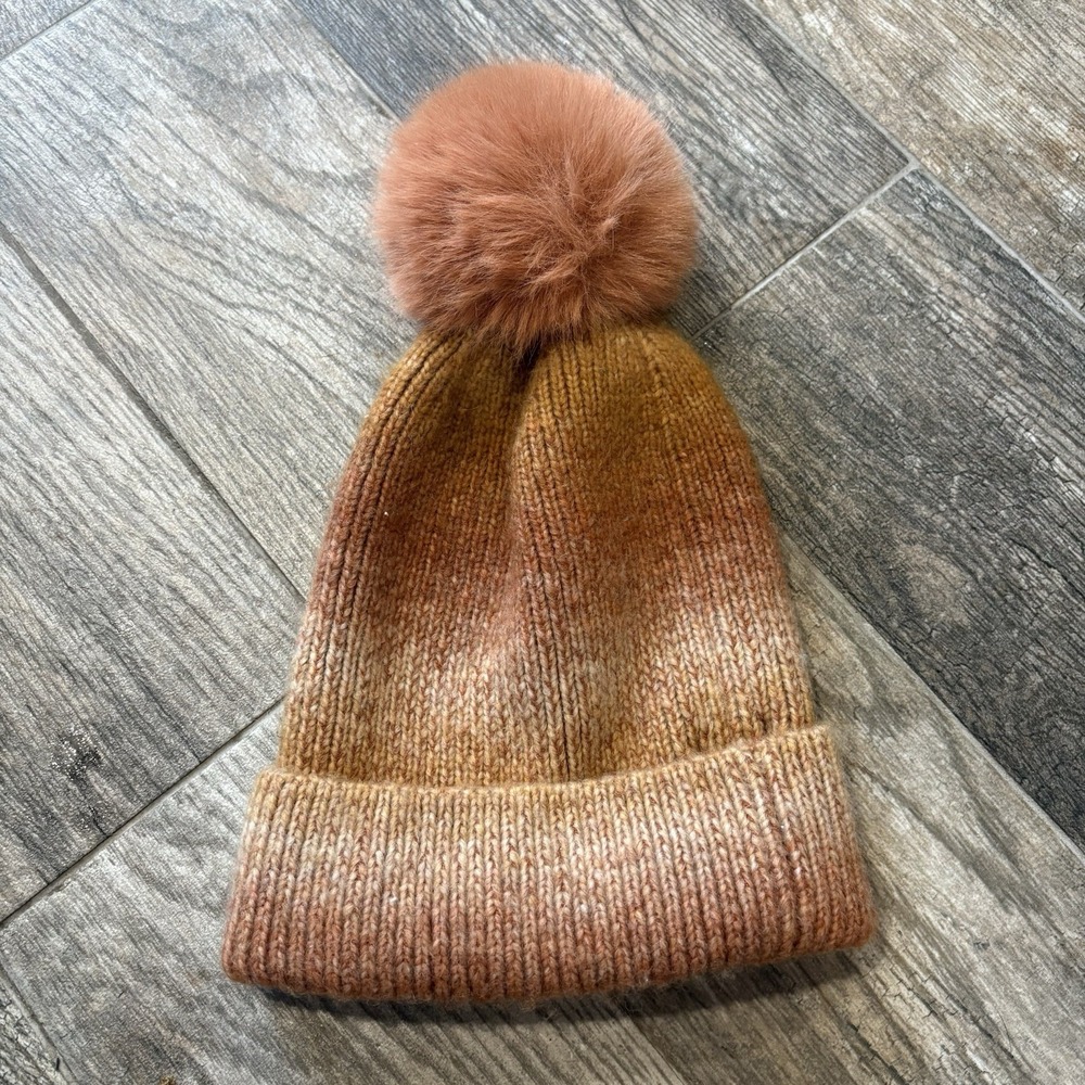 NORLA Canada Orange Color Fade Alpaca-Wool Blend Knit Pom Pom Beanie Hat